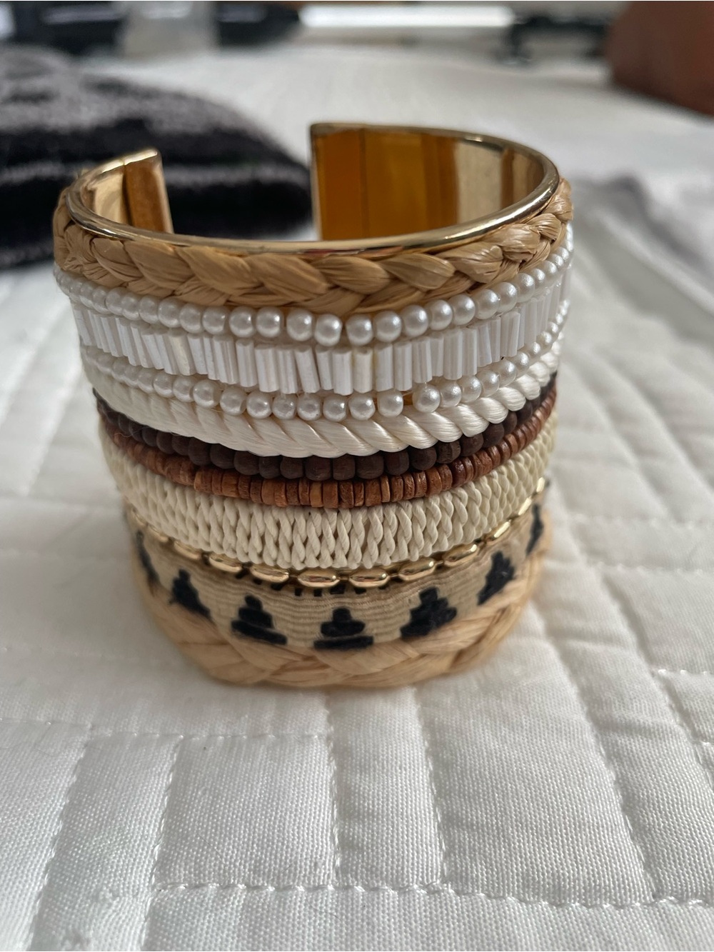 Chico's Straw, Pearl & Beaded Layered Cuff Bracelet in White, Tan, Brown, Gold